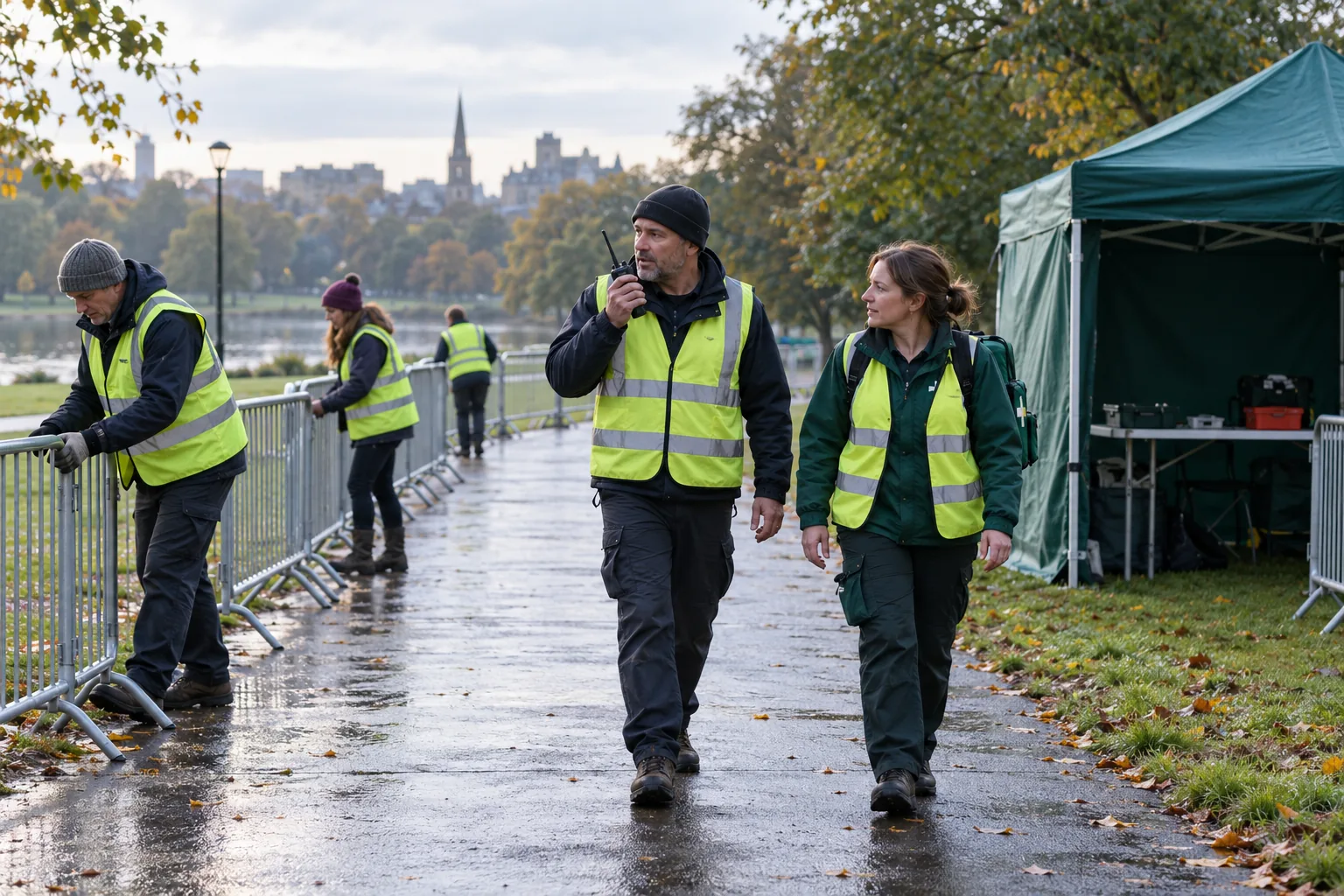 On a damp early morning in a city park, charity volunteers in plain high-visibility vests set out crowd barriers at the start of a fundraising fun run, while the event lead, carrying a radio, walks the course with a first aider and a first aid tent stands ready by the path