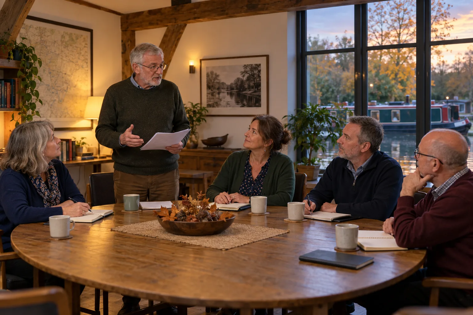 In the upstairs meeting room of a canal heritage charity's restored boathouse on an autumn evening, the treasurer stands to speak while four fellow trustees seated around an oval table turn to listen, a narrowboat moored on the water beyond the tall window