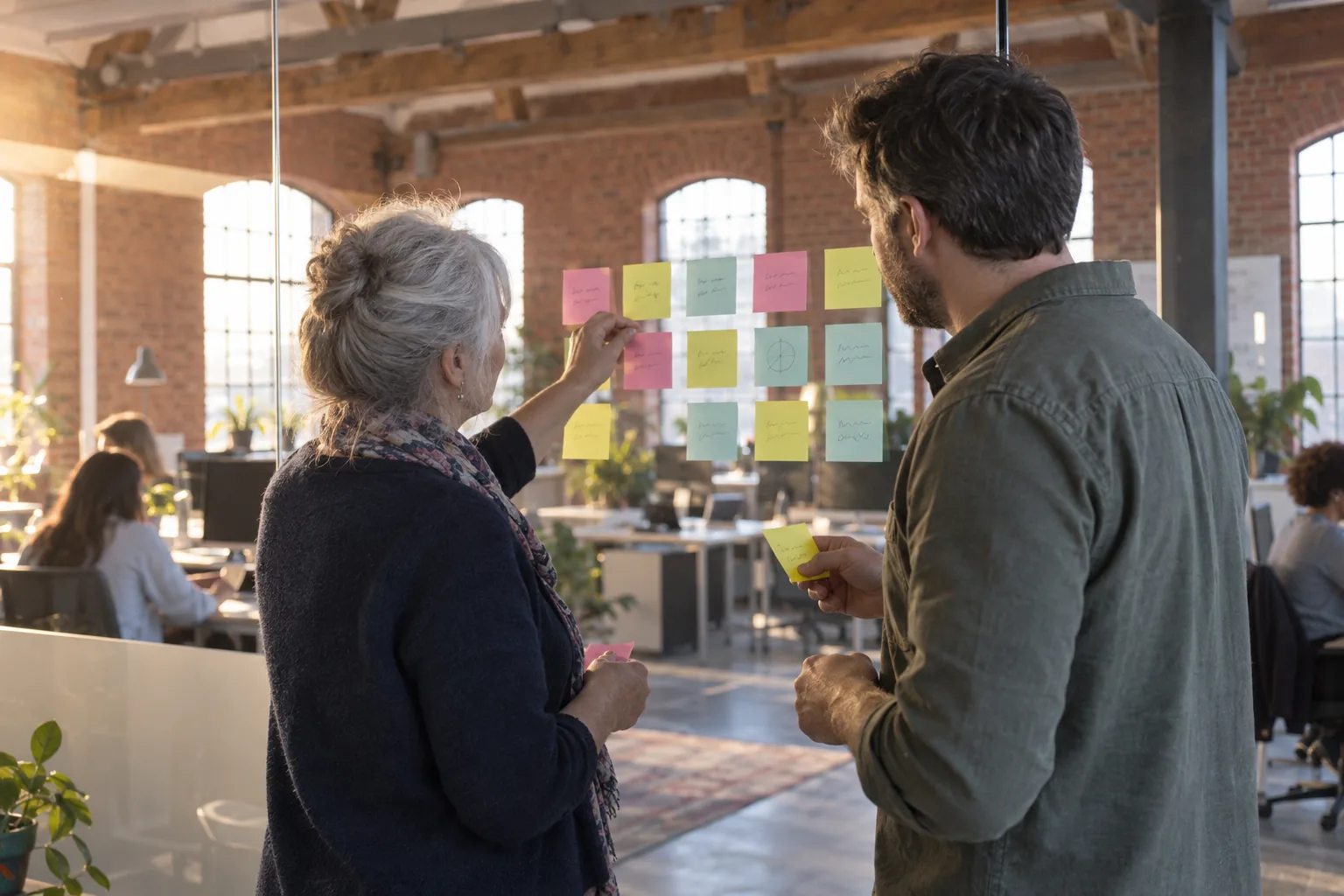 A charity treasurer and chief executive group coloured sticky notes into a grid on a glass wall in a converted mill office