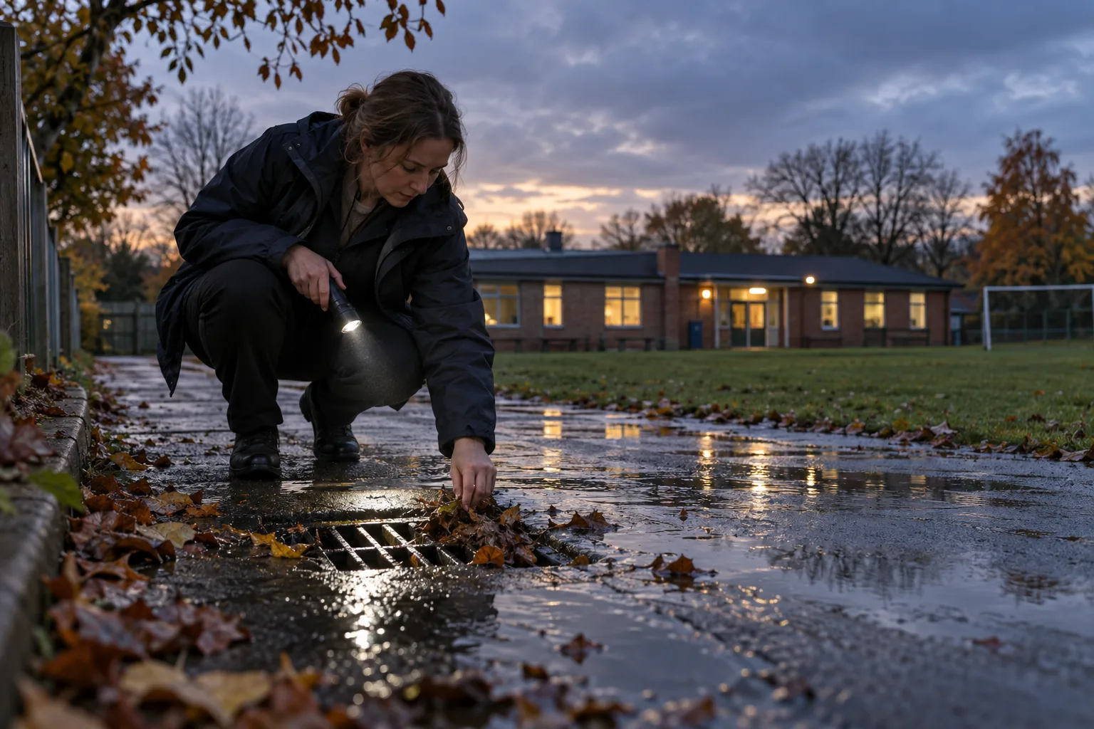 A school business manager checks a blocked drain beside a flooded path on the edge of a primary school playing field at dusk, torch in hand