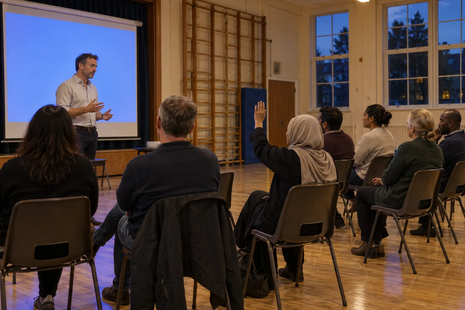 On an early autumn evening in a primary school hall, a PSHE lead stands beside a projector screen showing only a plain blue slide as a small group of parents on stacking chairs listen, one raising a hand