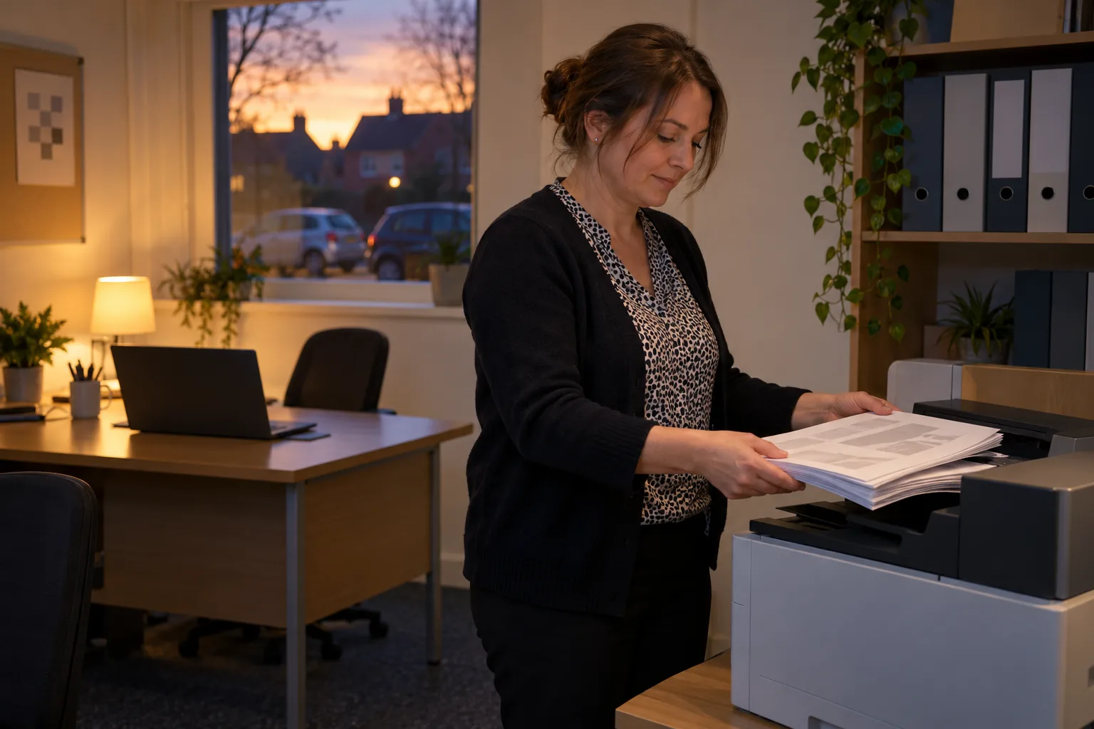At dusk in the small office of a home care agency, the registered manager stands alone at a printer lifting a warm stack of printed care records, a laptop glowing on the desk behind her with its screen turned away, closed ring binders on a shelf and the agency's parked cars visible through the window