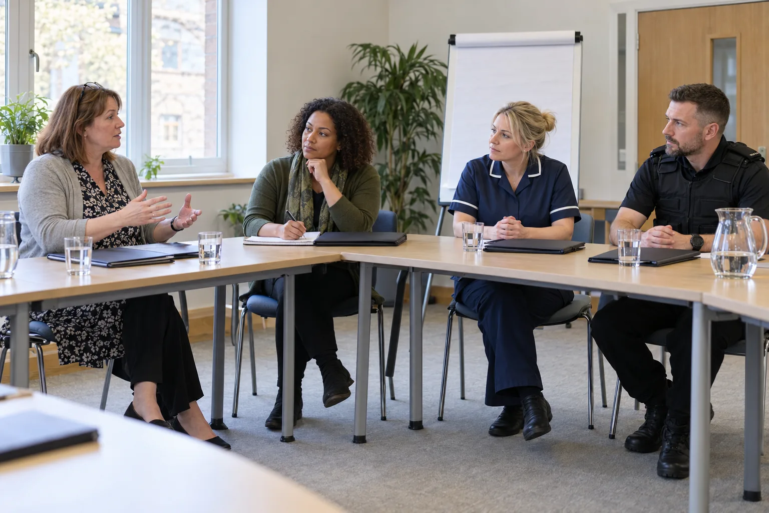A multi-agency learning event in a bright council meeting room in an English town on a weekday afternoon: a care home manager in a cardigan speaks while a social worker, a district nurse and a uniformed police officer listen from around a horseshoe of tables, water jugs and closed folders in front of them and a blank flipchart on a stand by the window