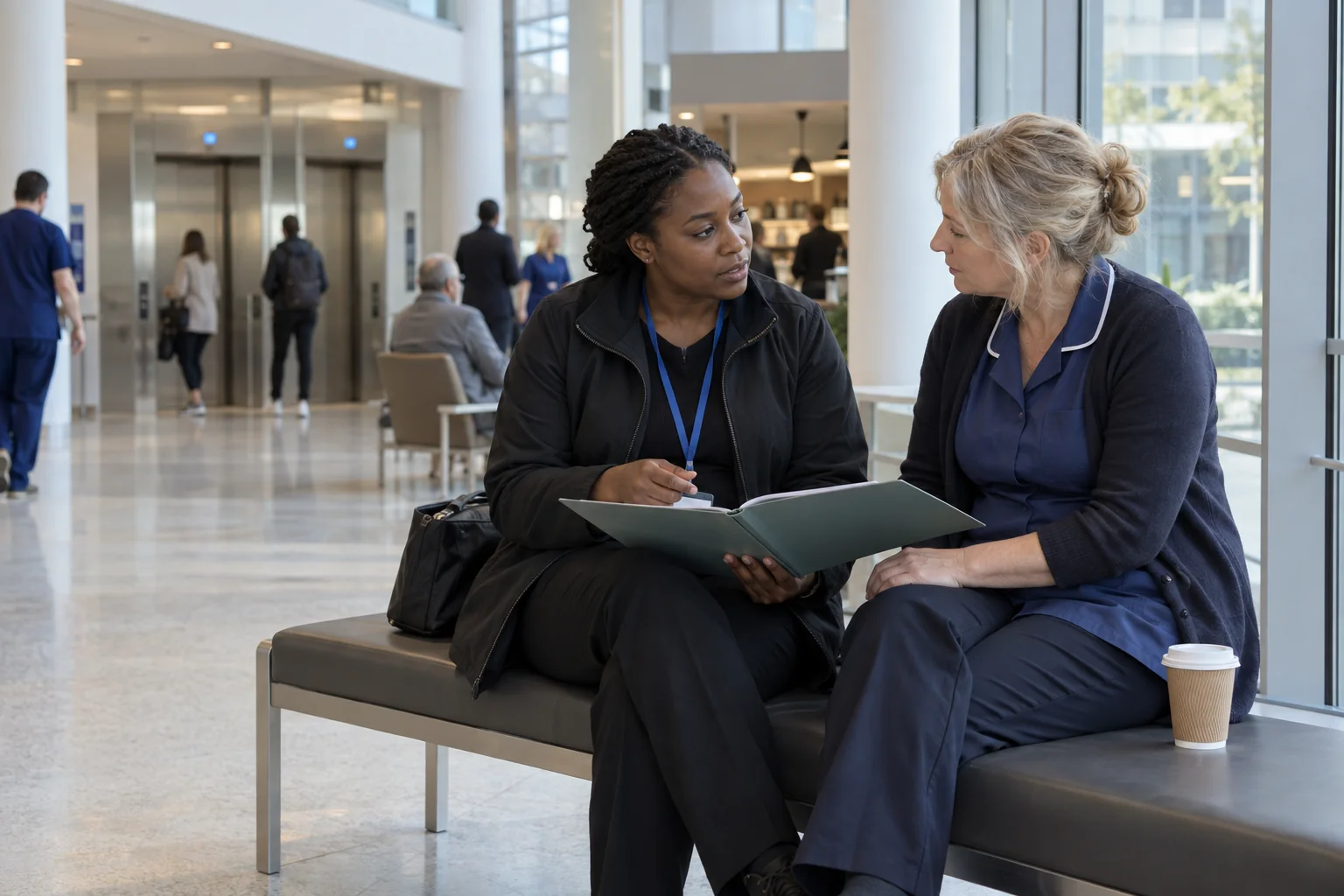 Two professionals review a folder together on a bench in a hospital atrium