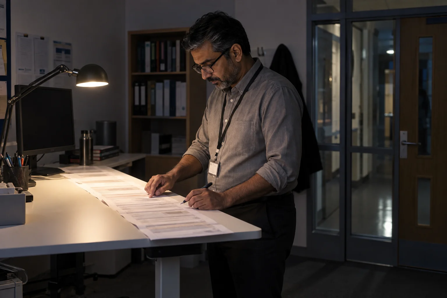 A safeguarding lead reviews a printed timeline at a standing desk after hours
