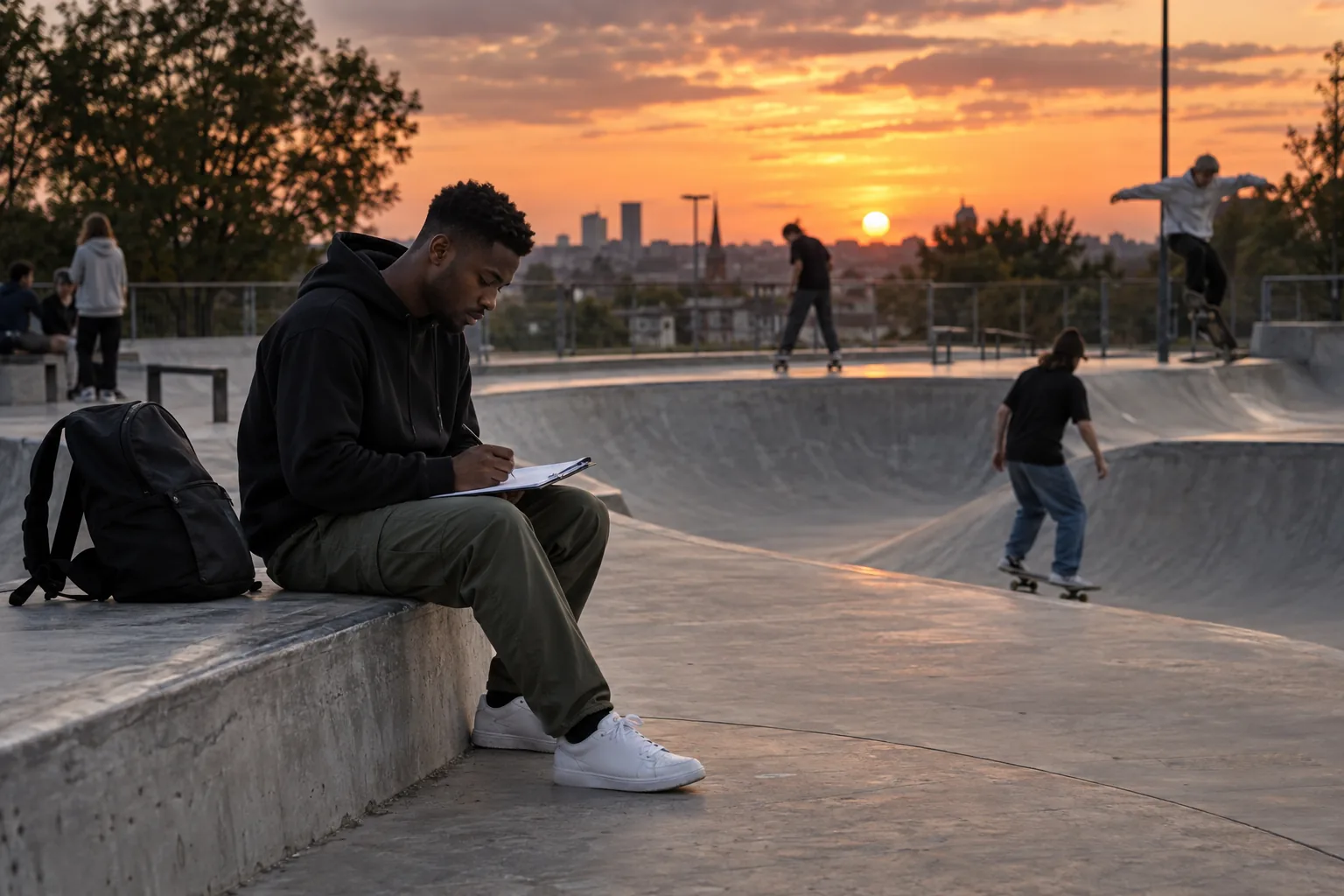 A youth worker sits on the edge of a concrete skate park at dusk, writing up notes on a clipboard after an evening session