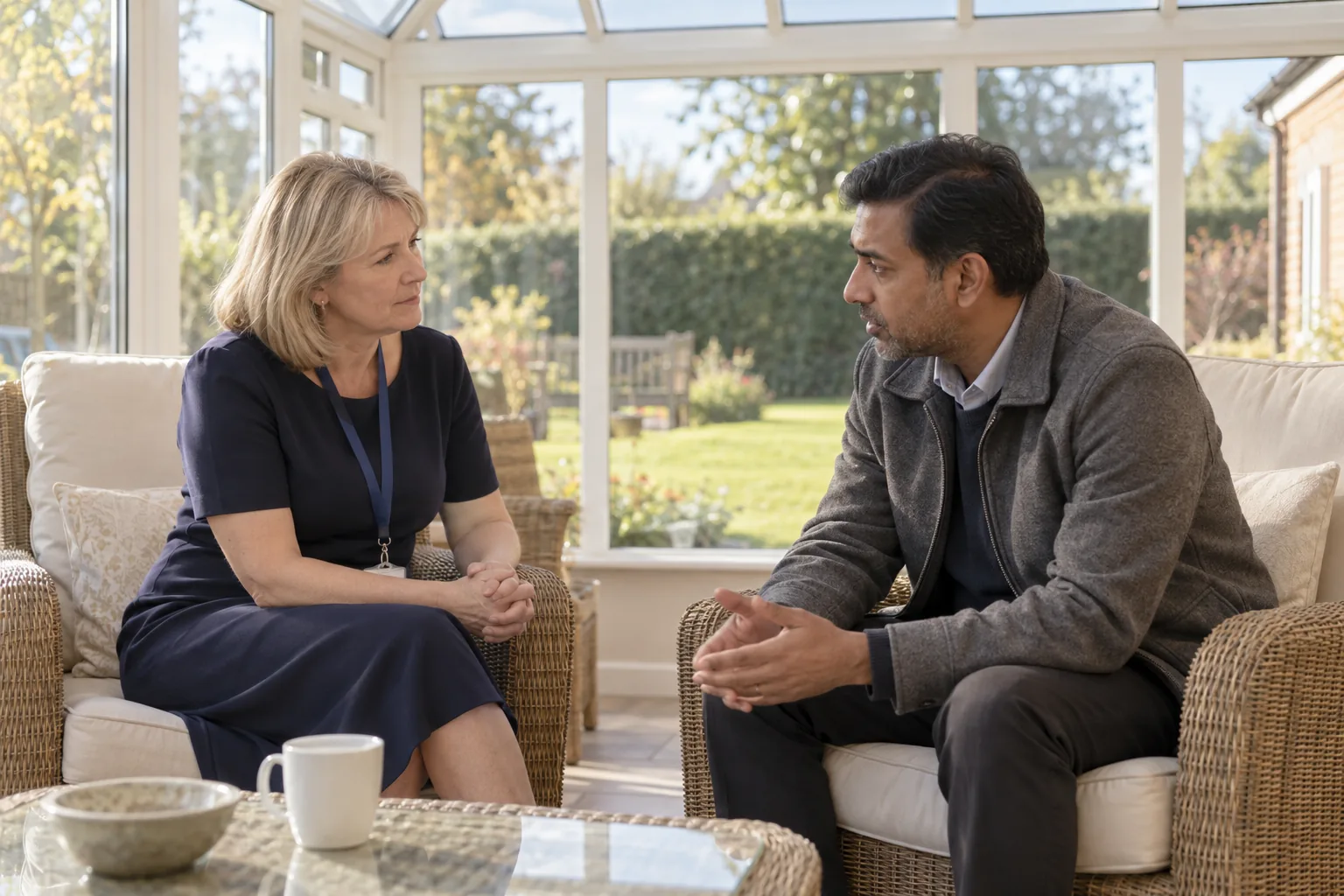A care home manager and a resident's relative talk in a bright garden room, afternoon light through the glass roof