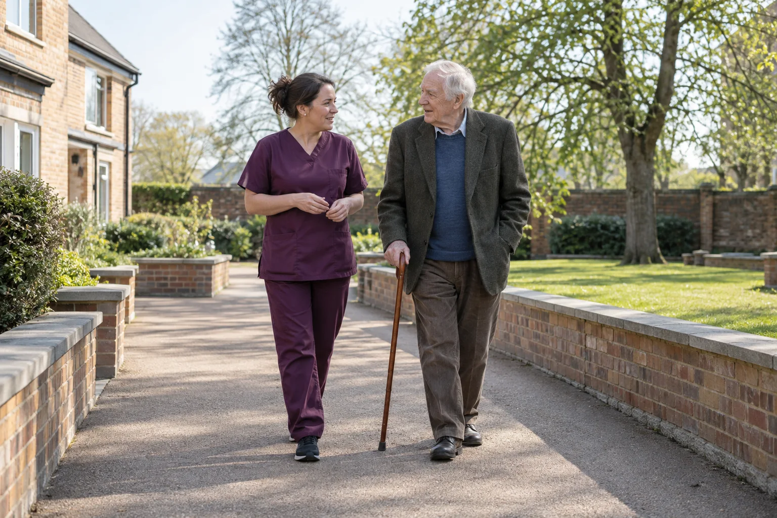 A care worker and an older adult talking during a courtyard walk
