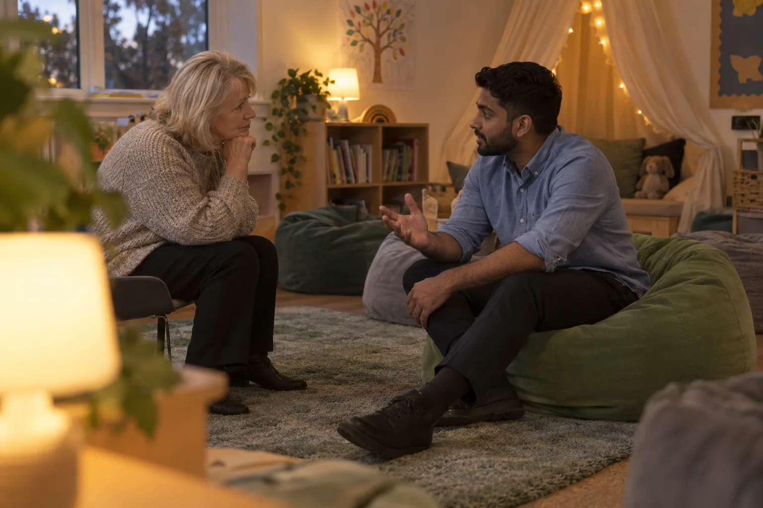A governor in a wool jumper listens to a deputy designated safeguarding lead in a school's quiet nurture space, beanbags and soft lamps around them, late afternoon