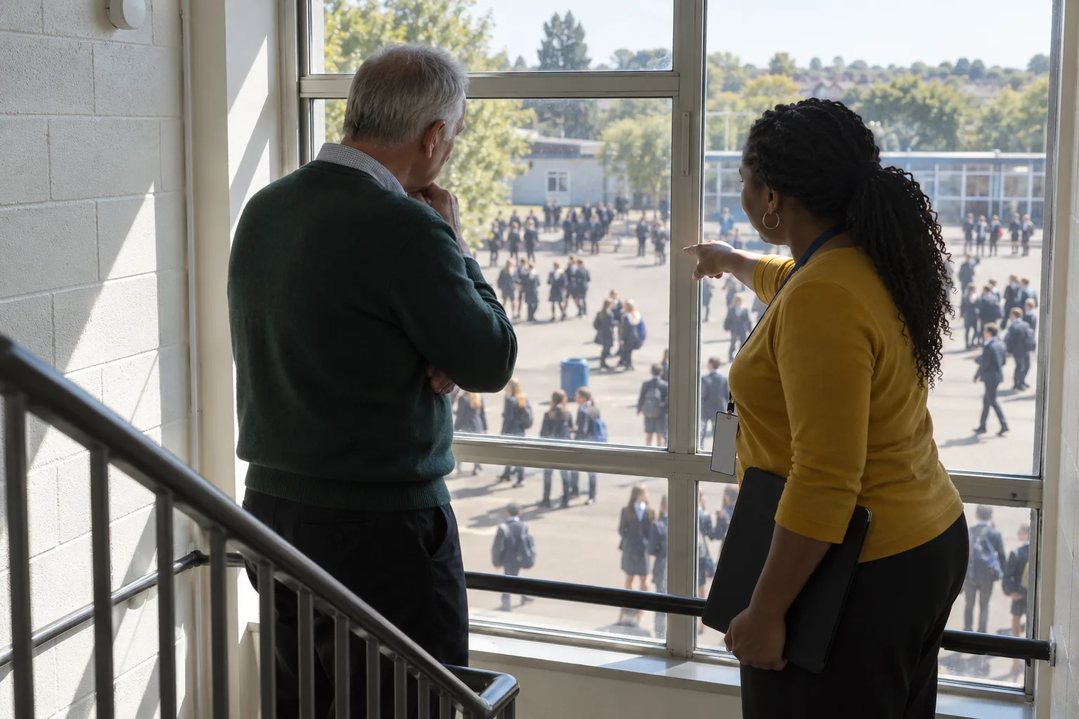 A safeguarding governor and the designated safeguarding lead talk at a tall first-floor window in a school stairwell, looking down at a busy lunchtime playground below