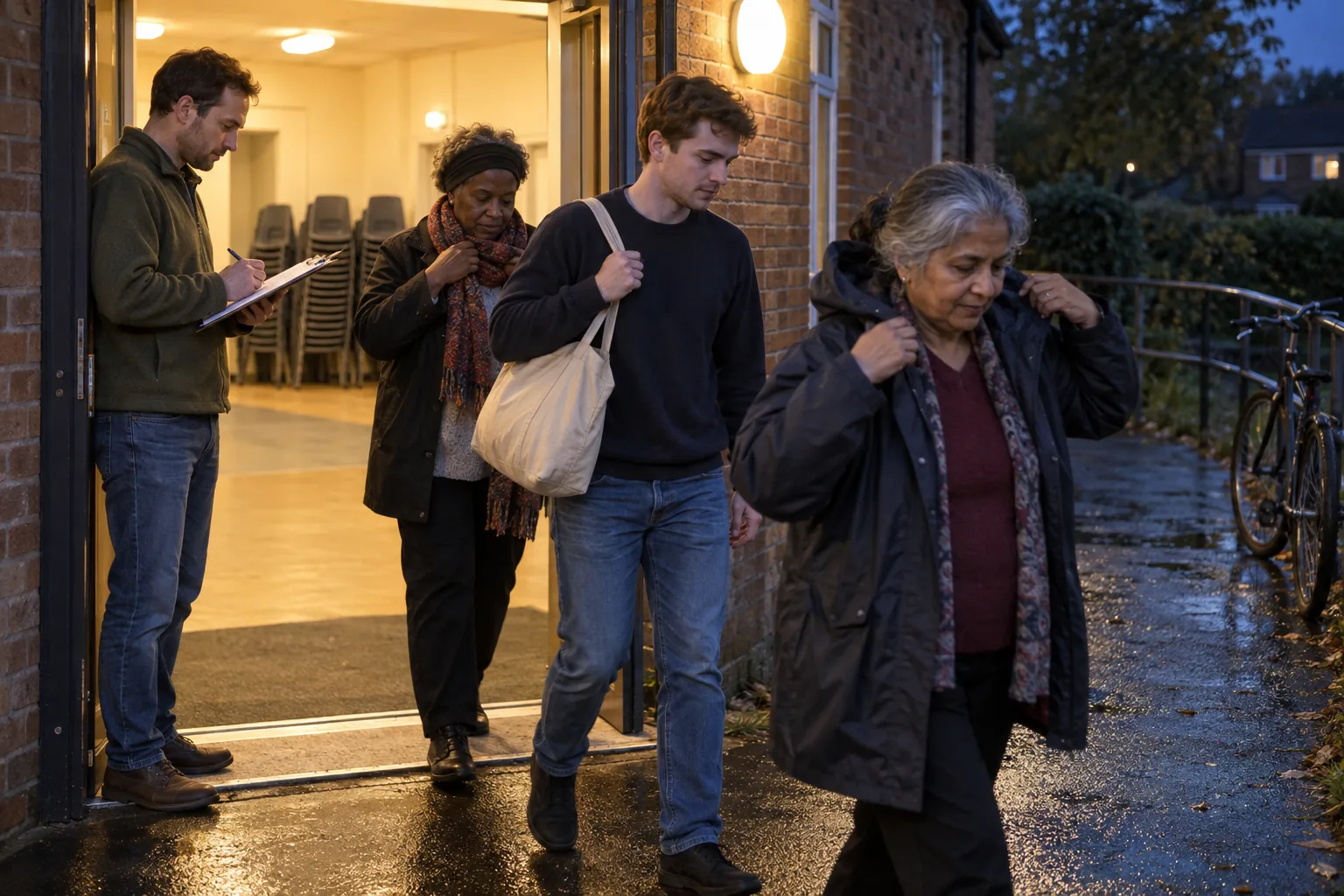 A volunteer coordinator with a clipboard at the door of a community hall as volunteers pull on coats and leave after an evening safeguarding session