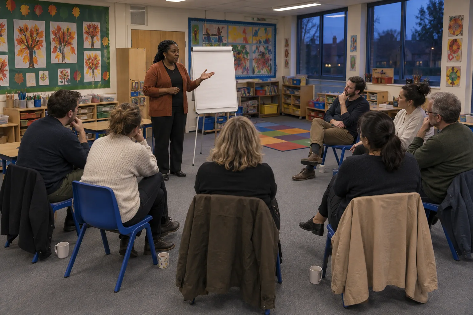 A designated safeguarding lead runs a twilight training session for teaching staff in a primary classroom, adults on the pupils’ chairs in a horseshoe