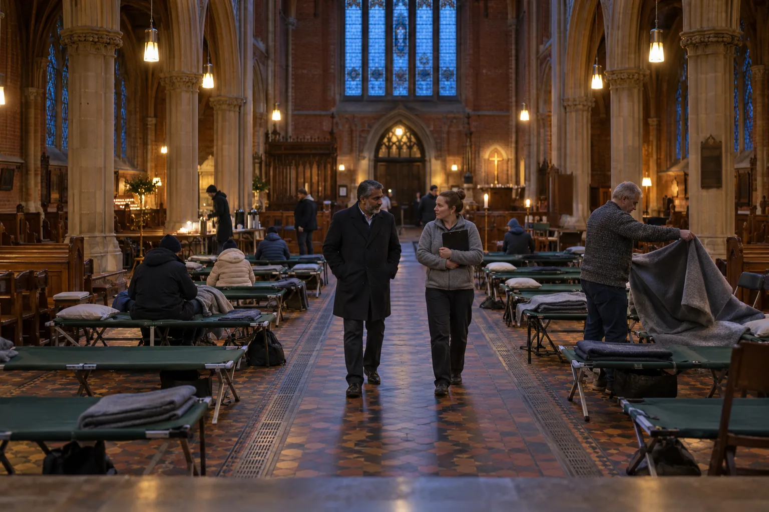 A trustee of a homelessness charity walks with the night shelter coordinator between camp beds being made up in a church nave at dusk, a volunteer unfolding blankets beyond them