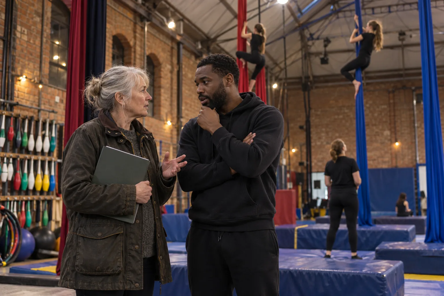 The lead safeguarding trustee of a youth circus charity talks with the charity’s safeguarding officer at the edge of its training hall, teenagers practising on aerial silks out of focus high behind them