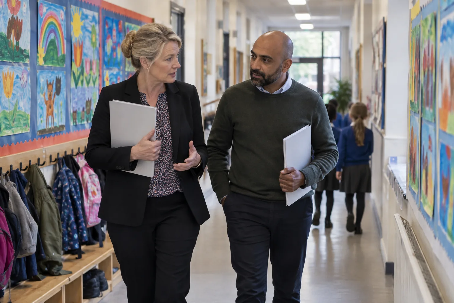 A headteacher and a parent governor walk along a primary school corridor between interviews, each carrying a slim interview pack, children's paintings pinned to the wall beside them