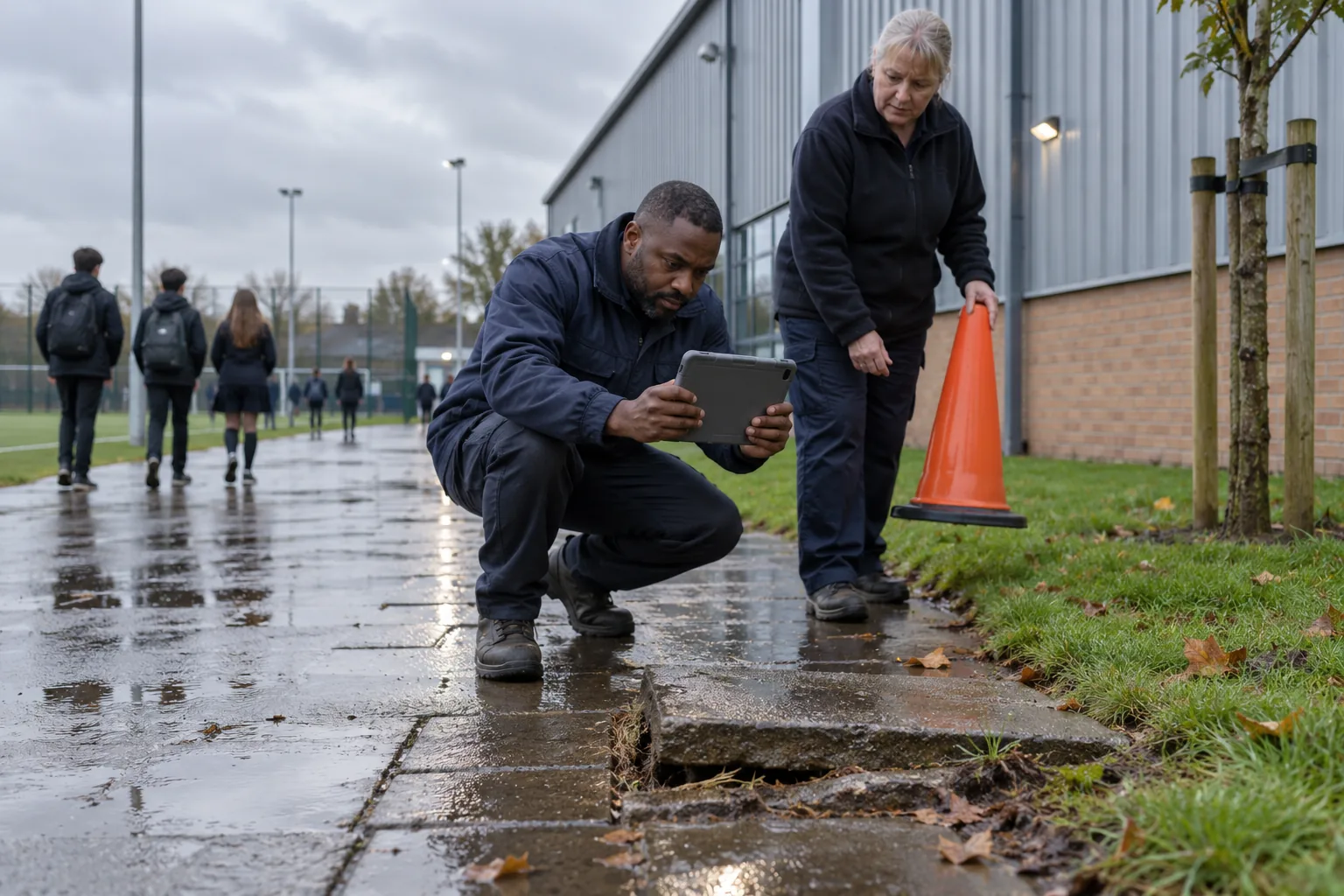 A school site manager in work boots photographs a lifted paving slab on a wet path beside a secondary school sports hall with a tablet, a colleague holding a traffic cone ready, late afternoon