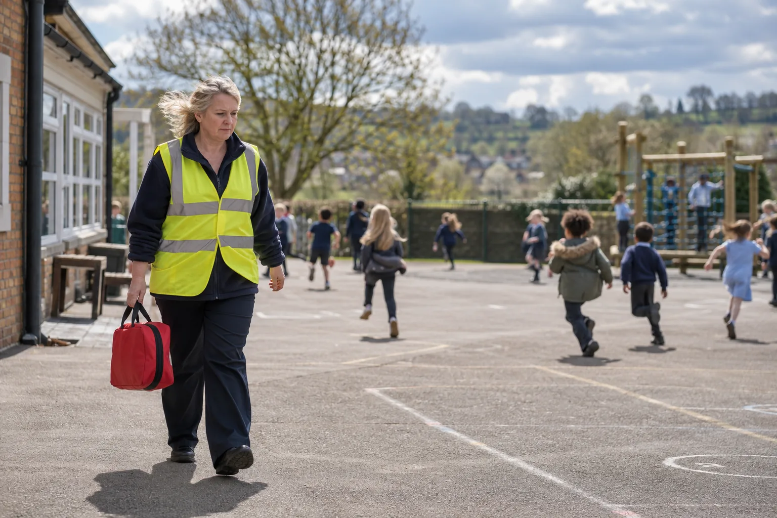 A lunchtime supervisor in a hi-vis tabard walks briskly back across a primary school playground on a breezy day carrying a red first aid bag, children playing out of focus far behind her