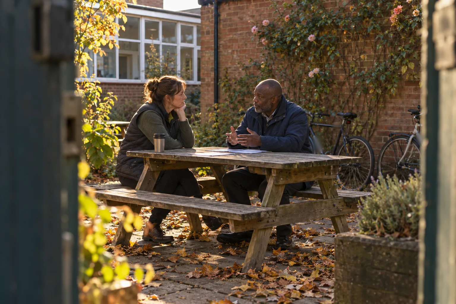 A school attendance officer and an education welfare officer from the council talk at a picnic table in a school’s staff garden on a sunny autumn afternoon, printed sheets face down between them