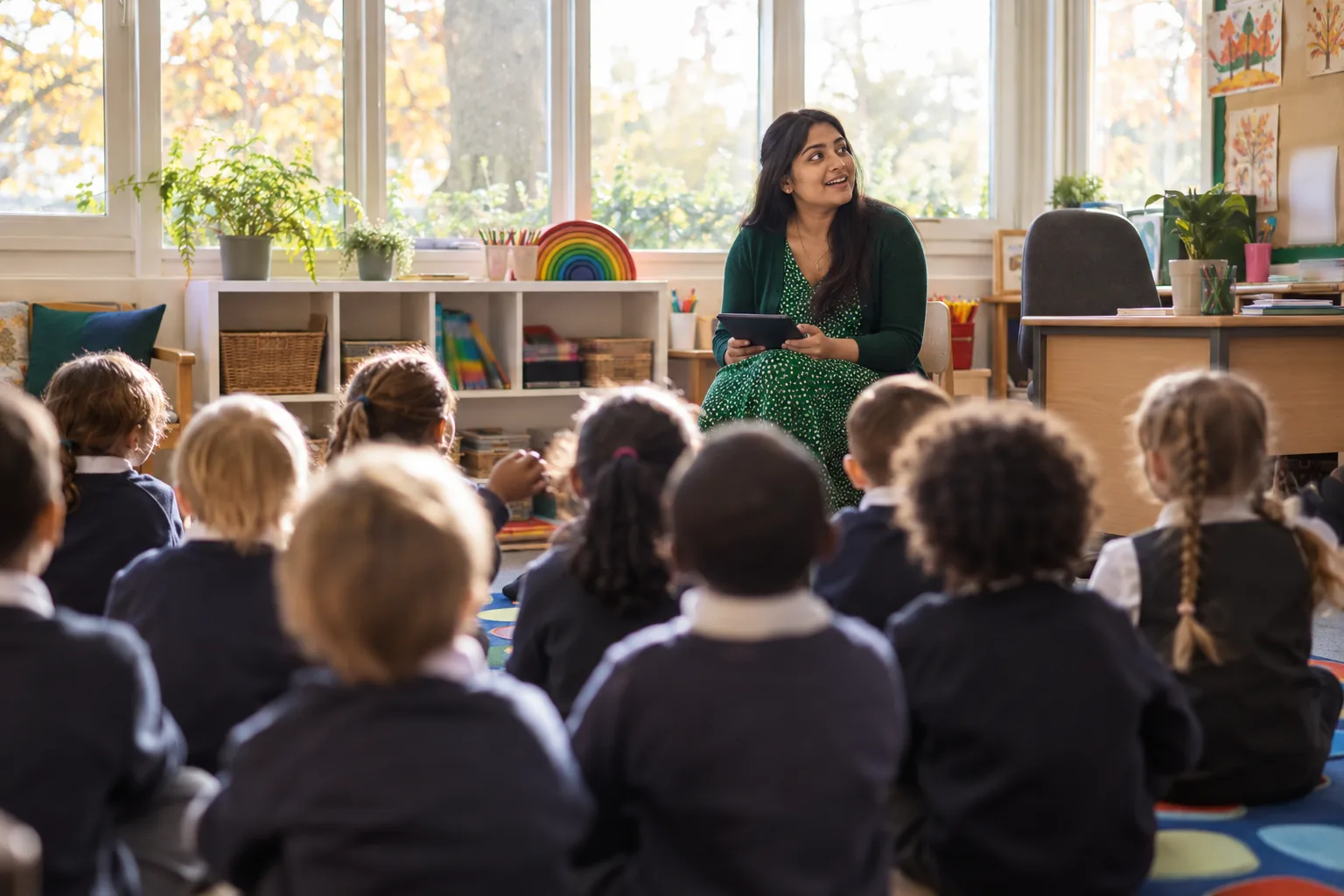 At morning registration in a primary classroom, a teacher takes the register on a tablet while the children sit on the carpet in front of her, seen from behind and out of focus