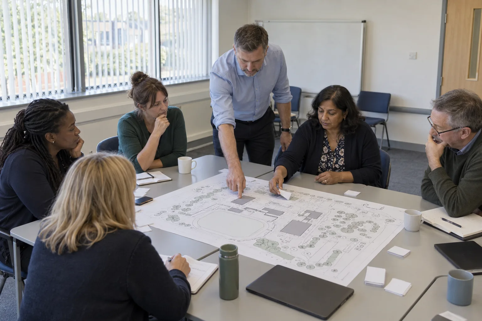 A secondary school leadership team runs a tabletop exercise around a table in a community centre meeting room, printed scenario cards and a site plan spread out, one deputy standing to point at the plan
