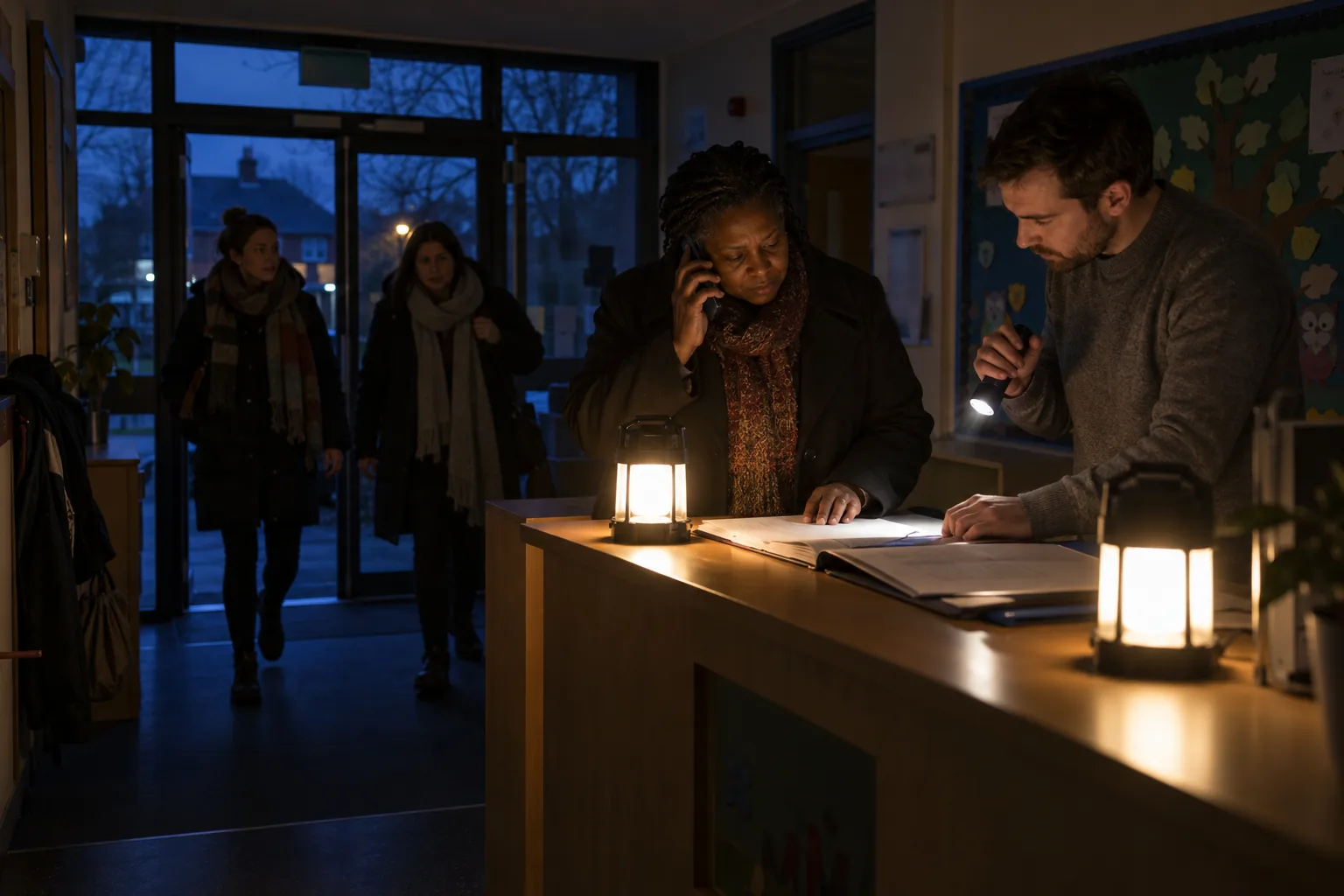 During an early-morning power cut, a headteacher and the office manager work by battery lanterns at a dark primary school reception counter as the first staff arrive in coats behind them