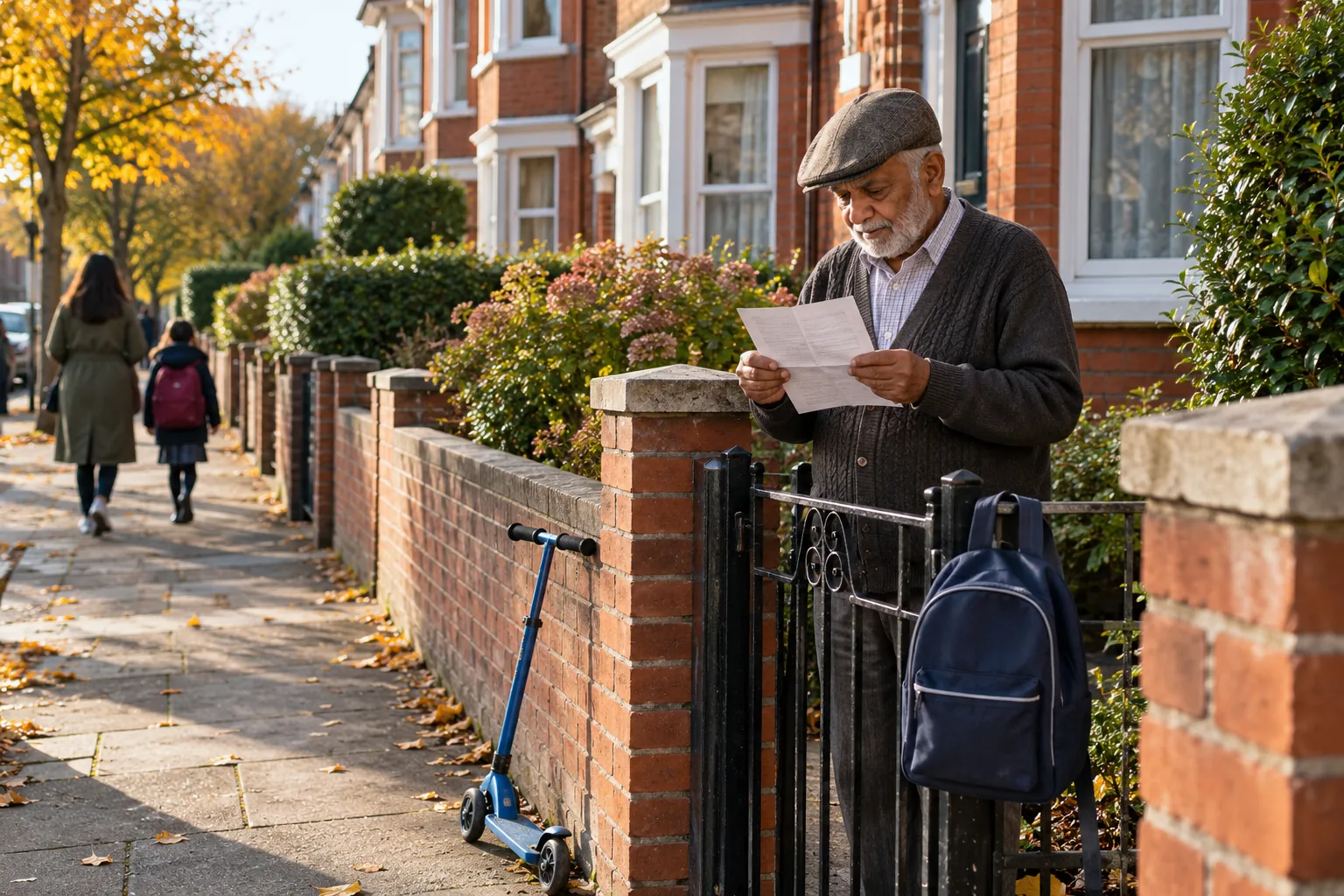 On a terraced street after school, a grandfather at his front gate reads a folded letter from school, his grandson’s scooter propped against the low brick wall beside him