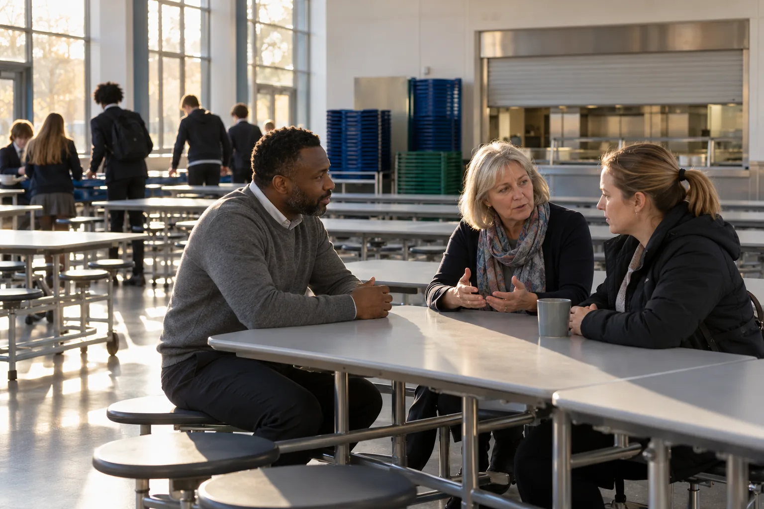In a secondary school dining hall after lunch, a head of year sits at a long table with a mother and an interpreter, who is speaking, pupils clearing away out of focus behind them