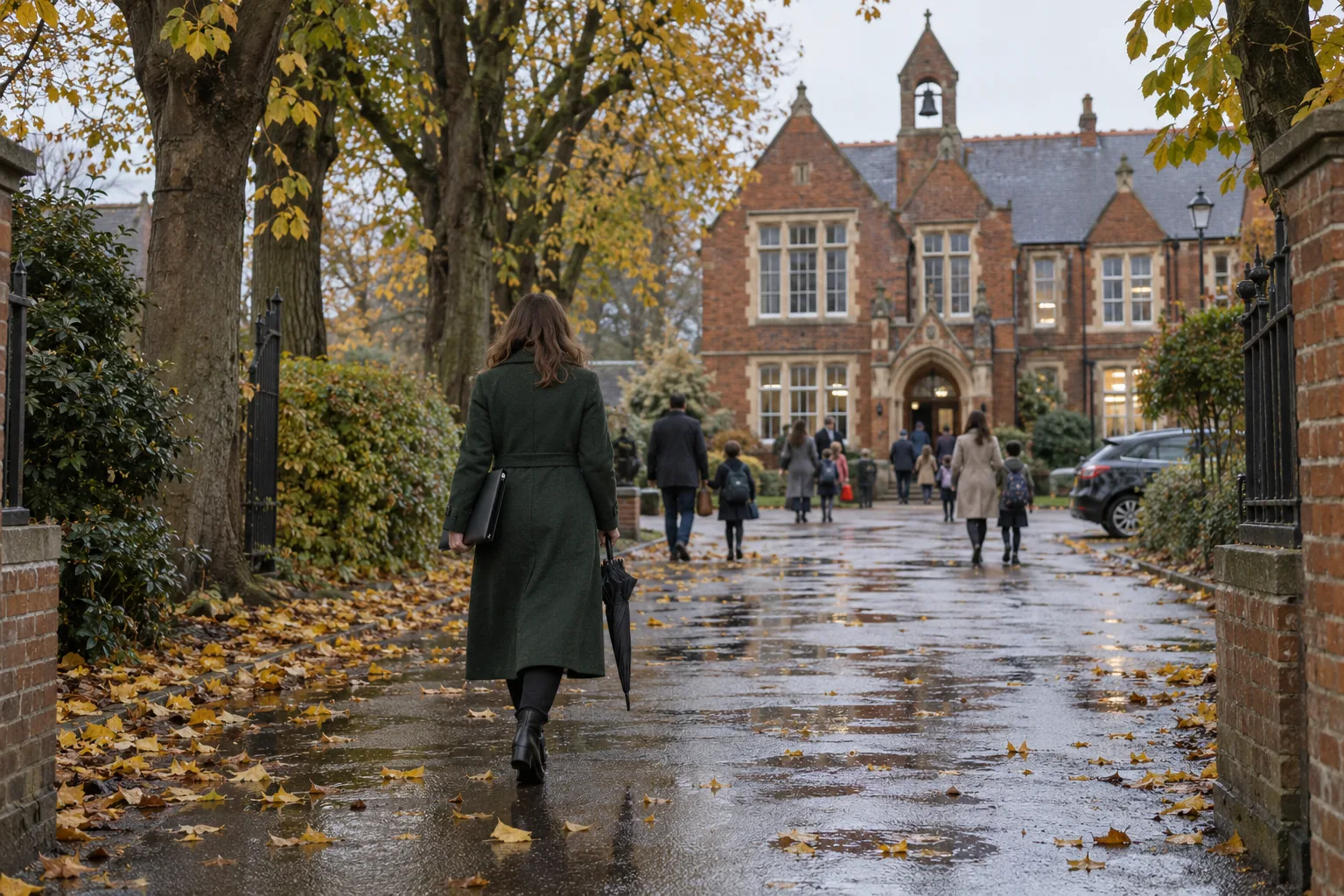 Seen from behind, a clerk to governors in a long coat walks up the tree-lined drive of a Victorian primary school on a wet autumn morning, a sealed document wallet under her arm
