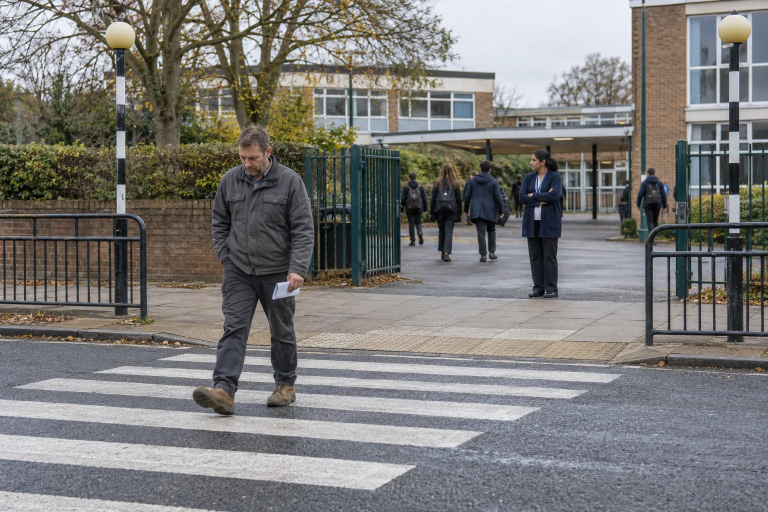 A father in a work jacket crosses at a pedestrian crossing outside a secondary school at mid-morning, a folded letter in his hand, a member of staff standing at the open gate behind him
