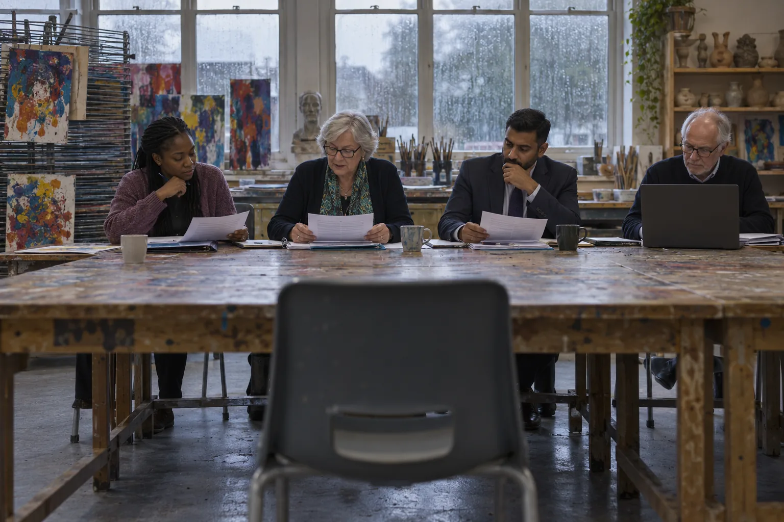 Three governors and a clerk sit at pushed-together workbenches in a secondary school art room on a wet afternoon, papers in front of them and an empty chair facing them, rain on the tall windows behind