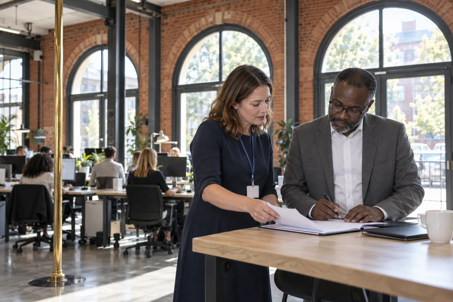 In a multi-academy trust’s head office in a converted Edwardian fire station, the governance professional goes through a printed appointment pack with a newly appointed trustee at a high table beside the glazed arches of the old engine bay