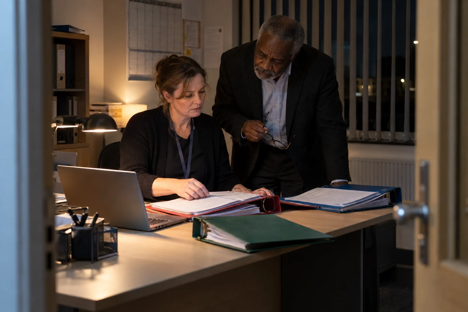 Two school leaders review a laptop and open files in an office after hours