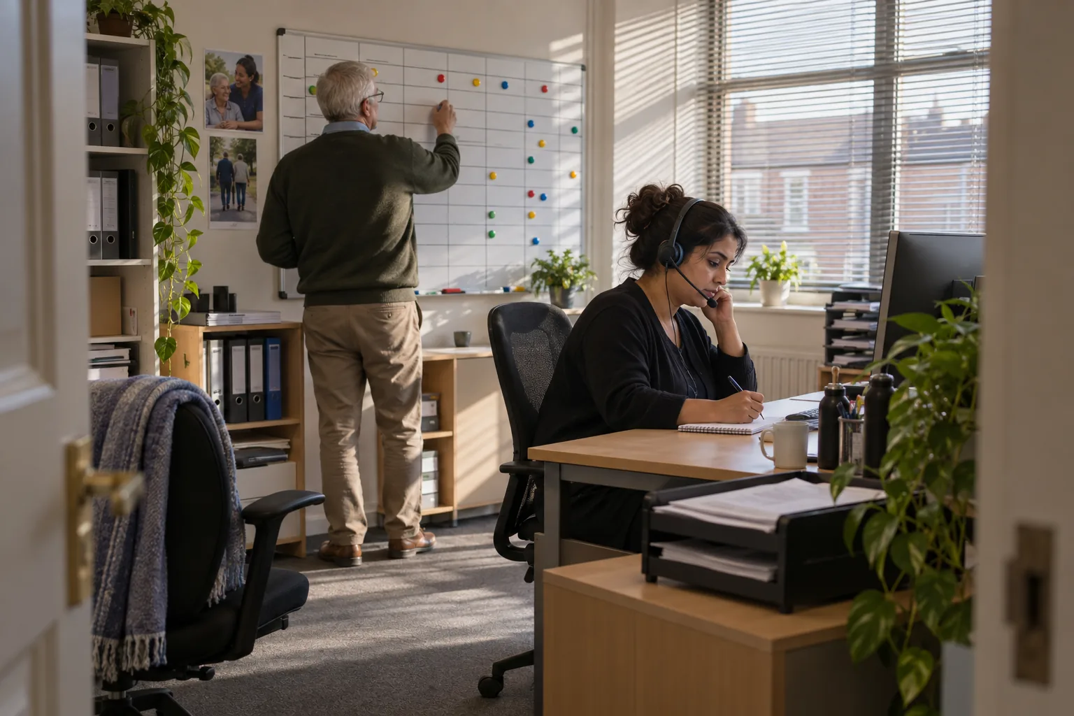 In a home care agency office, a care coordinator wearing a headset takes a call and makes notes at her desk while a colleague plans the week on a whiteboard, afternoon light through the blinds