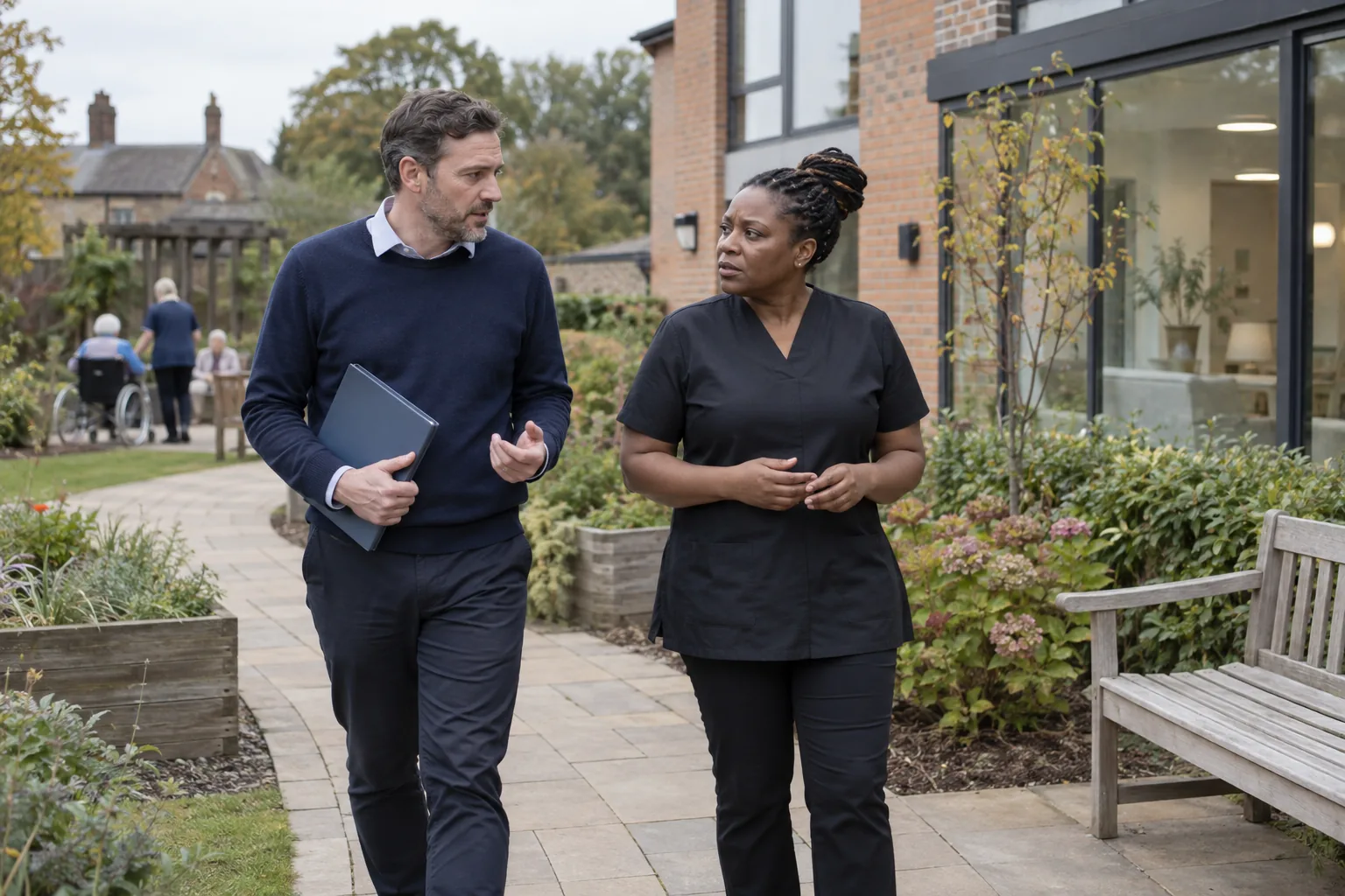 A local authority social worker holding a folder walks and talks with a care home registered manager in a dark tunic along the home's garden path on an overcast autumn morning, residents and a carer in the garden behind