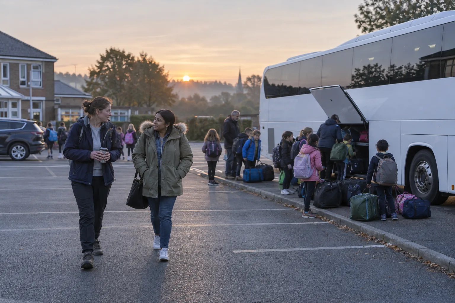 A primary school teacher and a parent walking together beside a coach in a school car park at dawn before a residential trip, children's bags stacked by the kerb