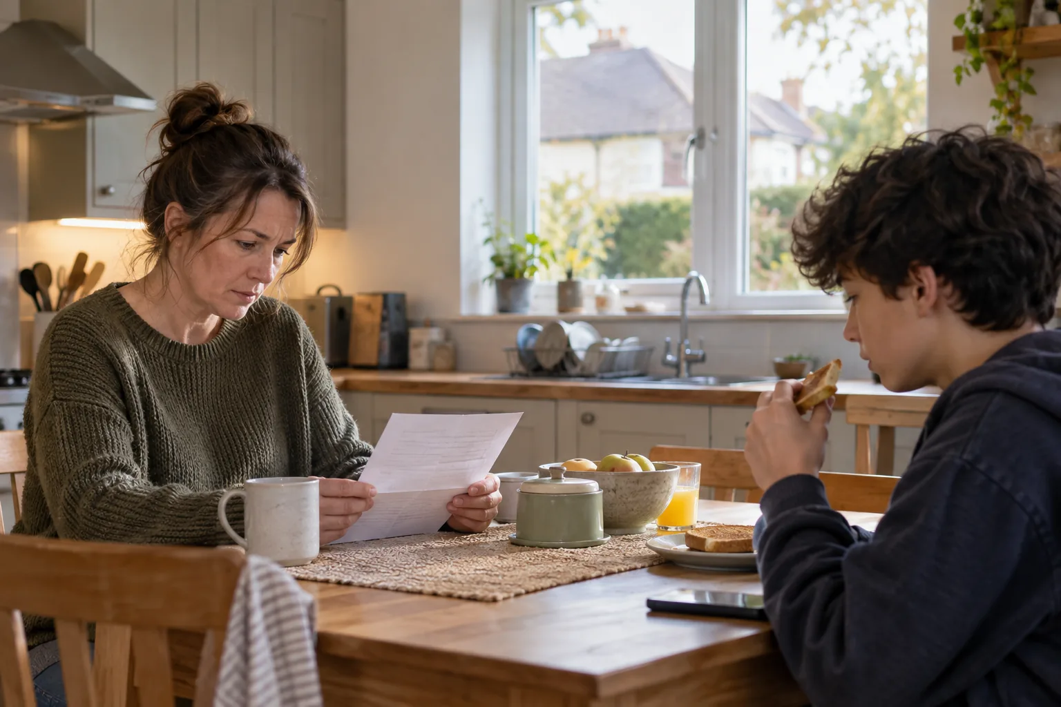 A foster carer and a young teenager at a kitchen table in a semi-detached house, the carer reading a letter while the teenager eats toast, morning light through the window
