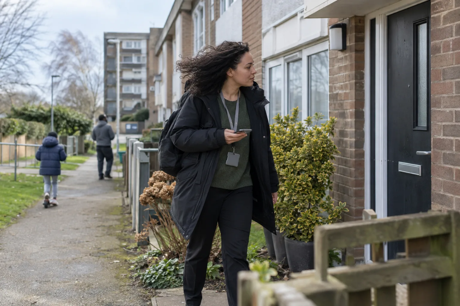 A social worker with a lanyard and a rucksack walks along the front path of a row of terraced houses on a windy afternoon, phone in hand, looking for the right door