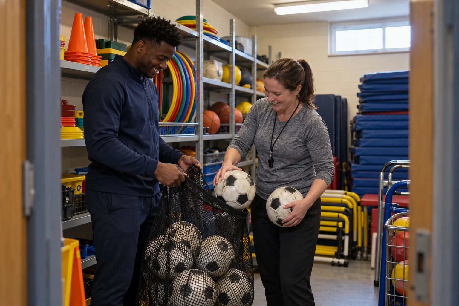 In a school sports hall storeroom, a visiting sports coach and the PE lead count footballs into a net bag among stacked gym mats and hurdles