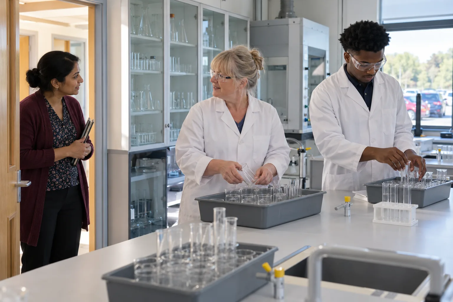 In a school science prep room, two technicians in safety glasses lay out trays of beakers for the next lesson while one turns to talk to a teacher at the door