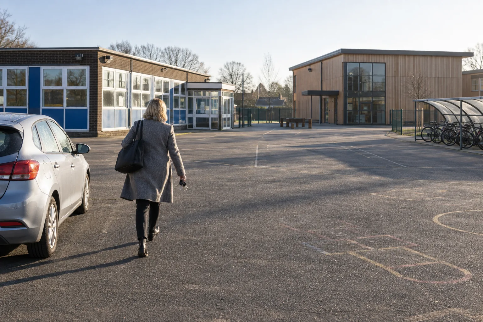 A multi-academy trust HR lead crosses a playground between two school buildings on a bright morning, laptop bag over her shoulder