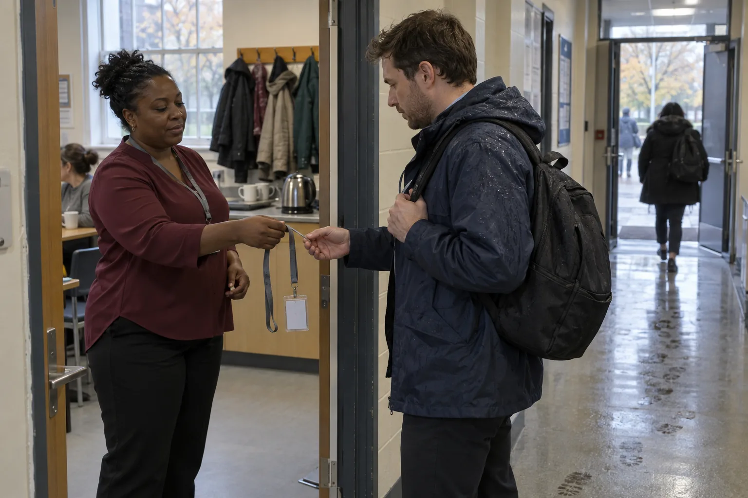 A school business manager meets an agency supply teacher at the staffroom door on a wet first morning, holding out a plain lanyard