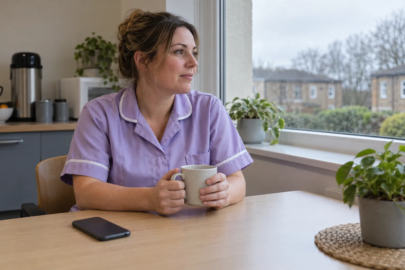 A care worker in a lilac tunic takes her break at a staff room window on an overcast afternoon, a mug in her hands and her phone lying face down on the table beside her