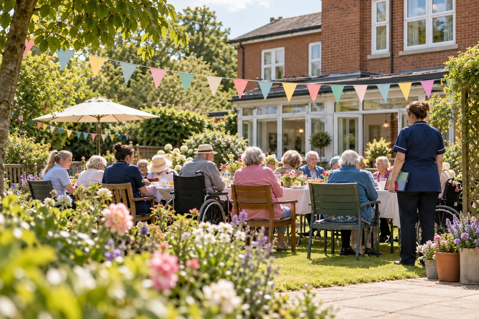 At an early-summer garden party behind a brick care home, residents and staff sit along a long table under bunting while a care worker in a navy tunic stands at the end holding a tablet lowered at her side, the residents seen from behind and at a distance