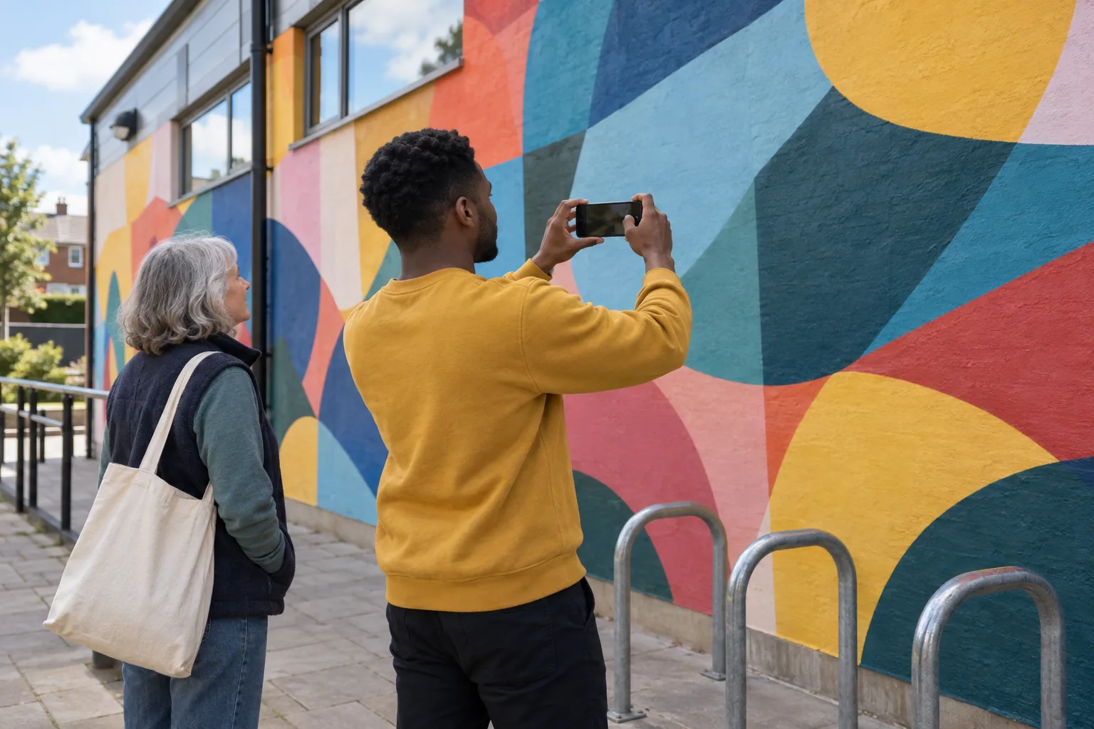 A charity comms volunteer photographs a painted mural on an outside wall with a phone while a colleague watches