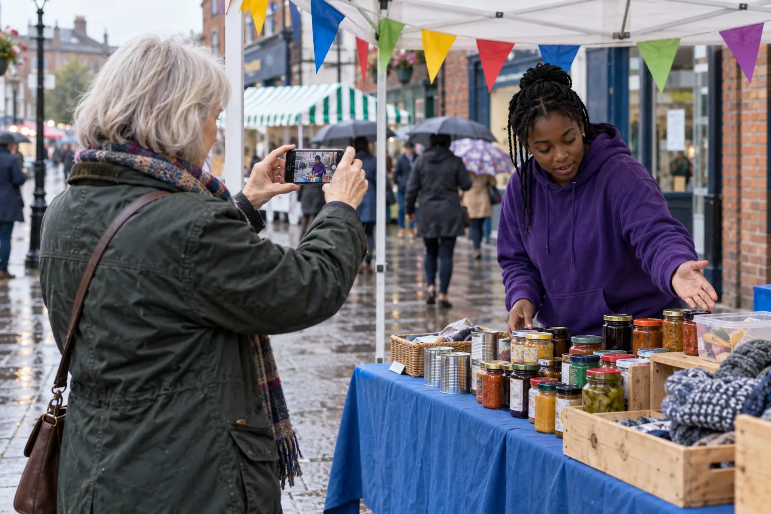 Two volunteers at an outdoor charity stall film a short clip on a phone under a gazebo on a wet market day