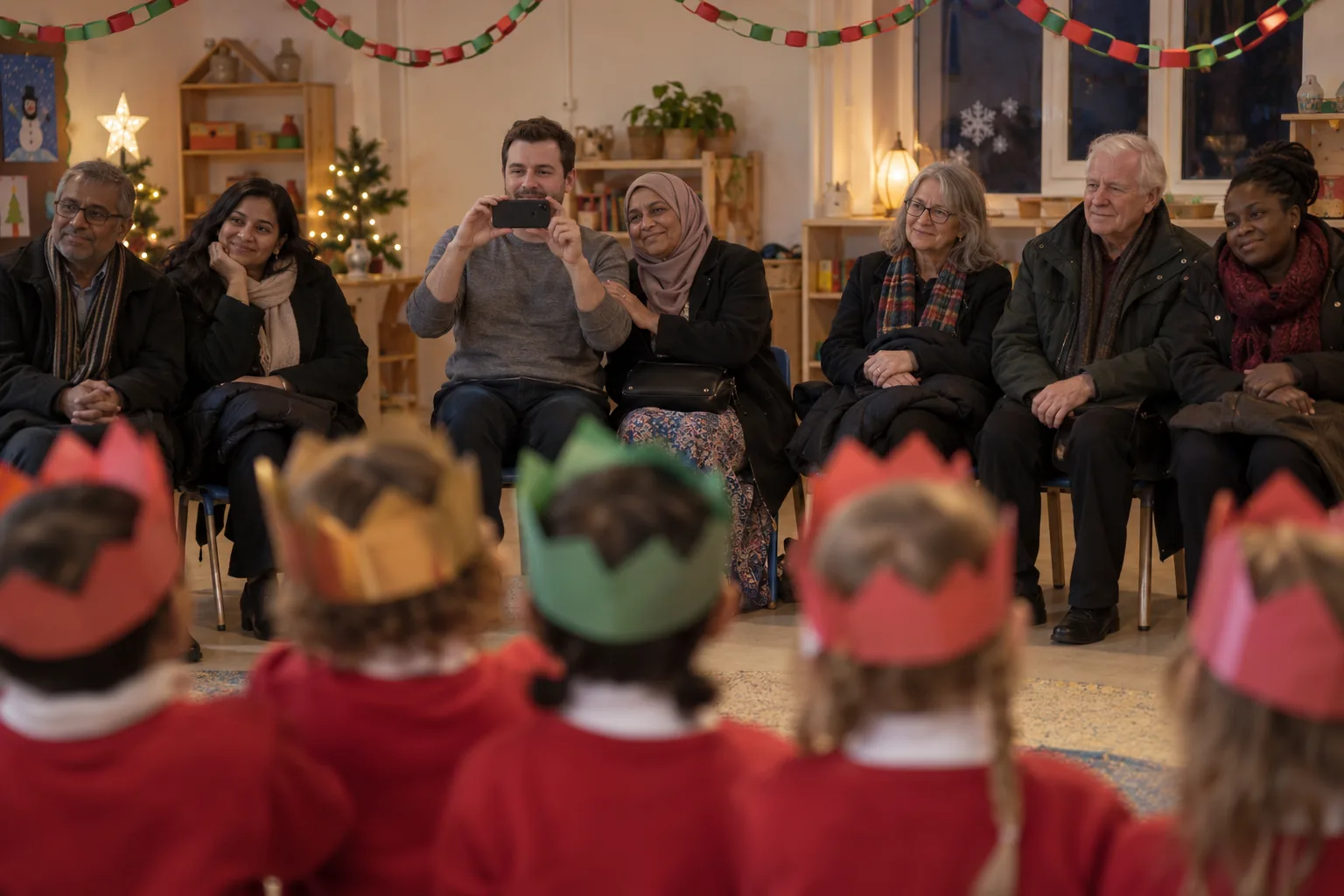 Parents and grandparents on small chairs along the wall of a nursery playroom watch a Christmas singing performance, one father holding up a phone, the small performers out of focus in the foreground