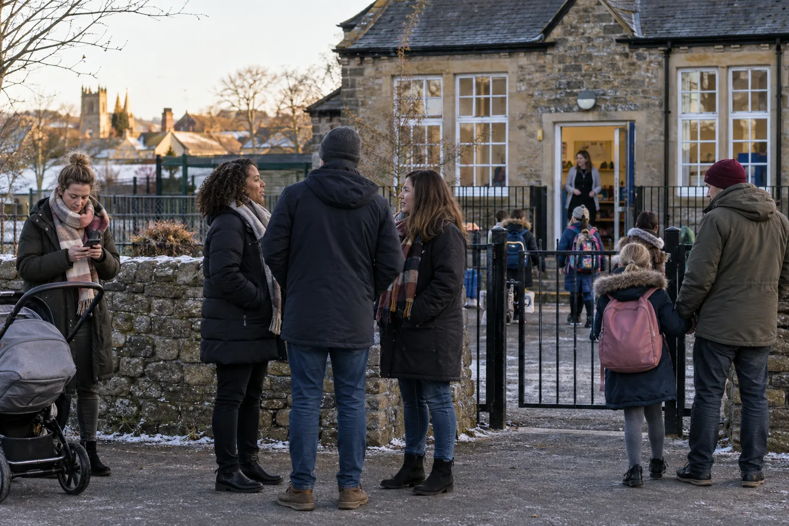 Parents stand in small groups outside a village primary school gate at pick-up time on a cold winter afternoon, one checking her phone, a teacher visible at the classroom door behind the railings