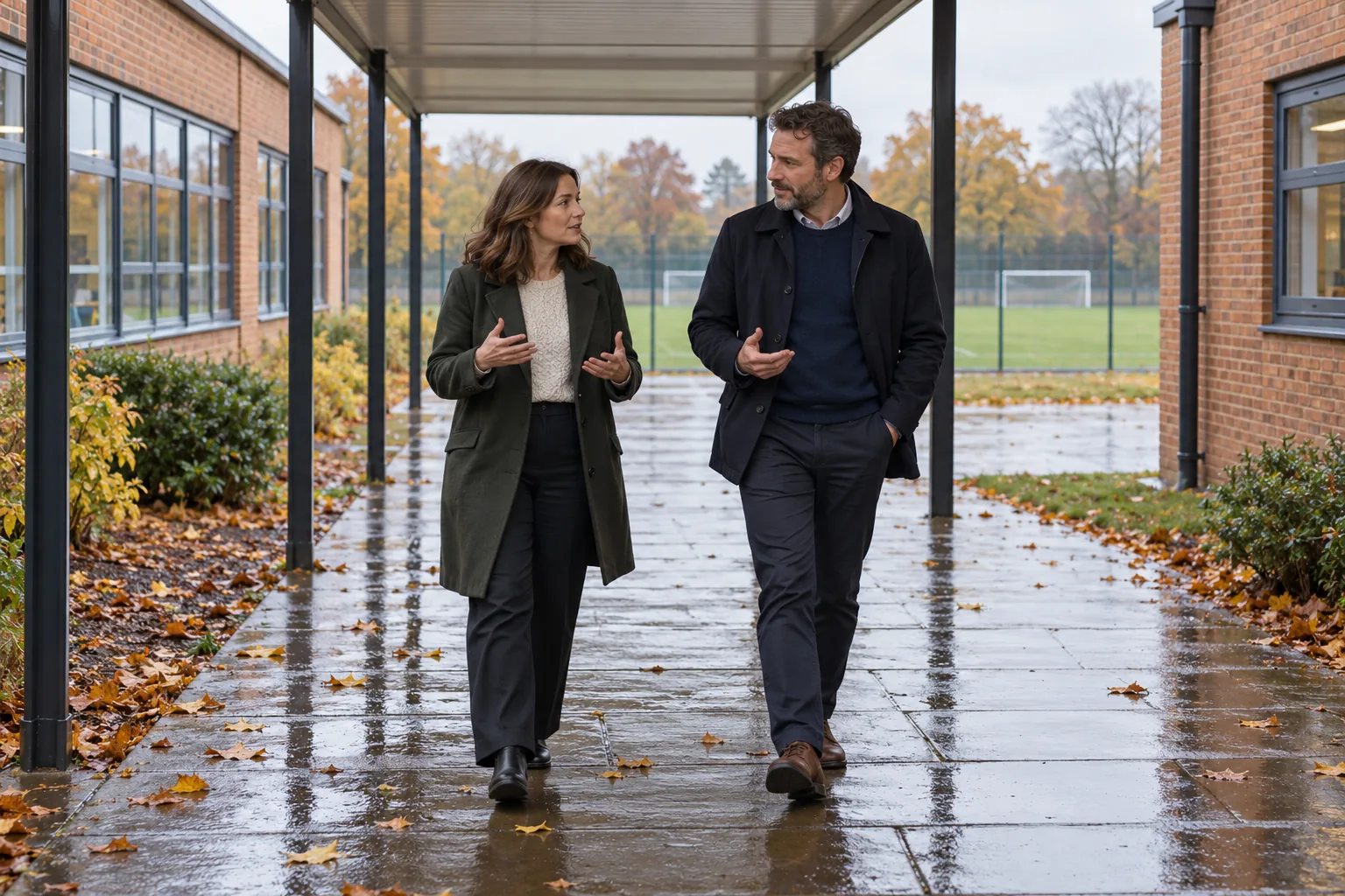 A headteacher and a trust data protection lead walk and talk along a covered outdoor walkway between two school buildings on a wet autumn afternoon, rain on the canopy and an empty sports pitch beyond
