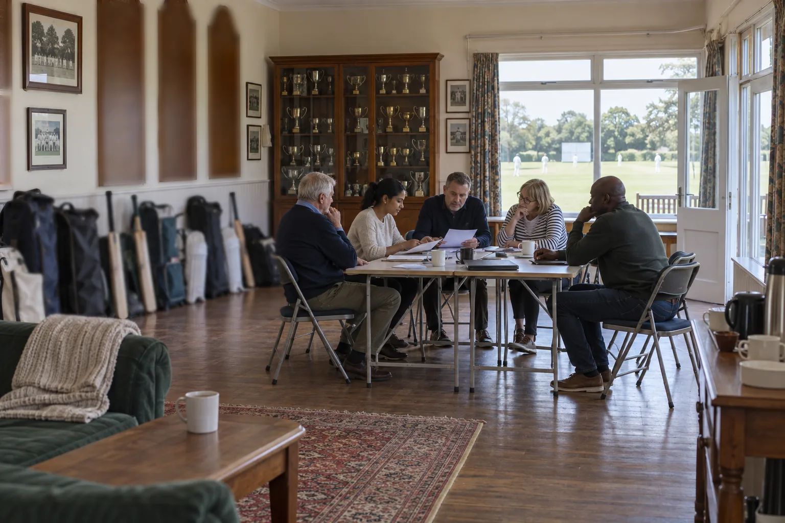A club committee of five adults around folding tables in a cricket pavilion clubroom, kit bags and a trophy cabinet along the wall, seen from the far end