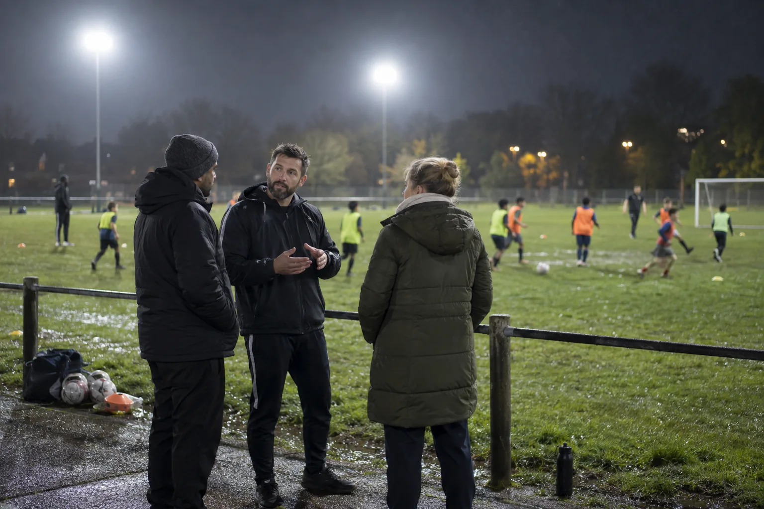 A volunteer coach in a club tracksuit talks with two parents at the touchline of a floodlit grass pitch on a damp weekday evening, junior players training behind them